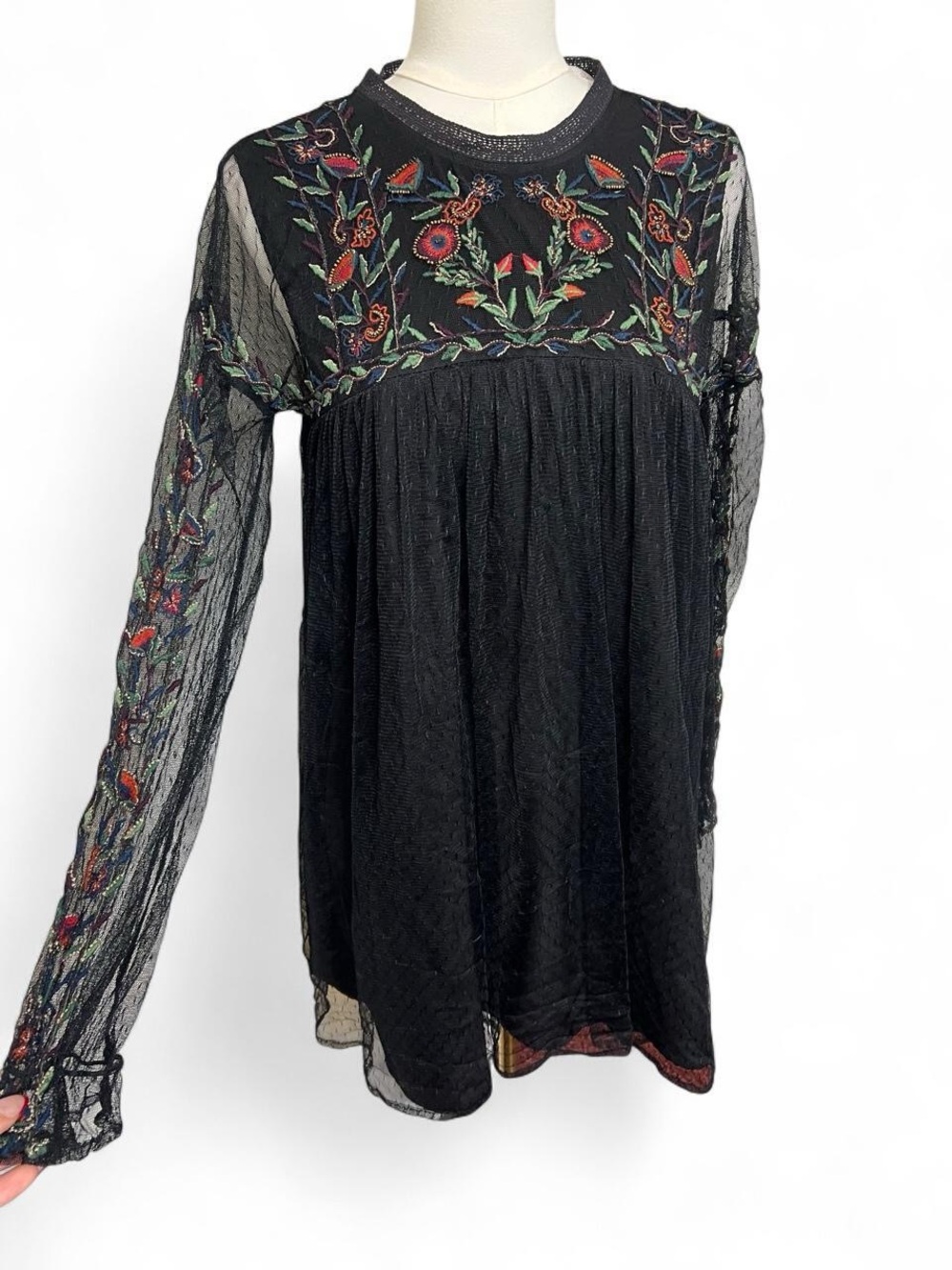 Black red green floral embroidered flowy boho long mesh sleeves dress tuscan